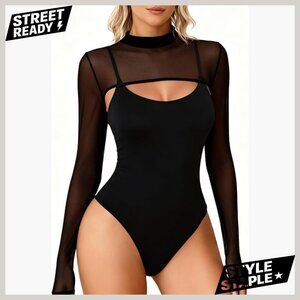 Long Sleeve Mesh Bodysuit Shapewear Two Piece Outfit Fitted Thong Back